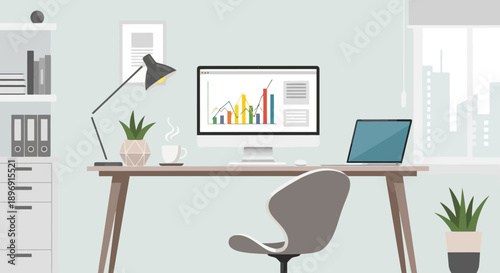 Modern home office desk with computer and laptop.