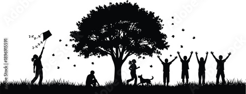 Silhouette of people playing outside with dog and kite under tree  fun outdoor activities