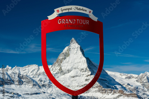 Tableau sur toile Grand Tour of Switzerland red frame sign at Gornergrat-Matterhorn viewpoint