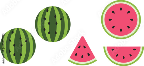 Watermelon Whole and Sliced Set Fresh Summer Fruit Isolated on White Background Vector Illustration Collection