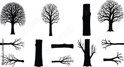 Bare tree and branch silhouettes collection with trunks and limbs winter forest elements black cutout vector shapes isolated on white background
