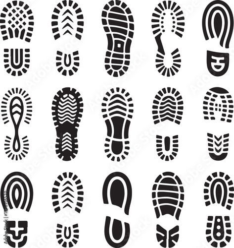 Footprints human shoes silhouette, vector set, traces of boot