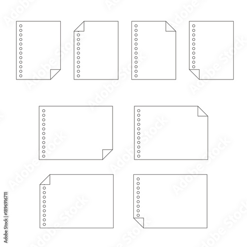 端がめくれたバインダー用ノート用紙の線画フレーム素材セット（角四角）