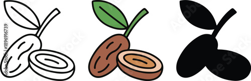 Fresh dates fruit collection with leaves and bowls in outline, colorful, and silhouette styles.