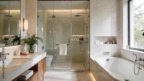 Modern bathroom interior featuring clean white tiles, a luxury bathtub, and a contemporary glass shower with a sleek sink and mirror in a new home design
