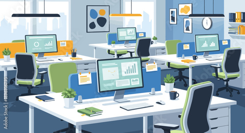 Modern office interior with cubicles and computers.