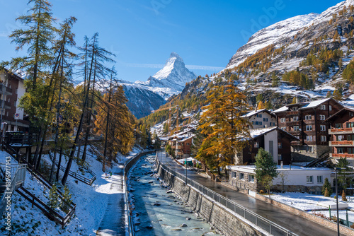 Matterhorn view from Kirchbruecke bridge over Vispa river. Zermatt, Canton of Valais, Switzerland.