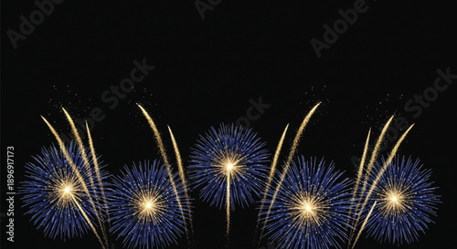 Blue and Gold Fireworks with Sparkling Trails on Black Background, Festive Celebration Night