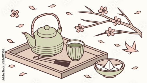 Japanese Tea Ceremony Still Life with Cherry Blossoms for Spring Cafe Menu or Relaxation Web Design