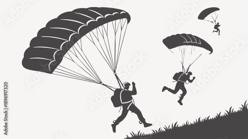 Paratroopers Landing Safely After Skydive Adventure Extreme Sports Landing on Grassy Hill for Travel Adventure Websites