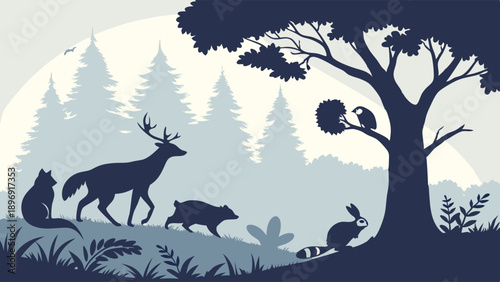 Woodland Wildlife Silhouette Scene Deer Raccoon Forest Animals Walking in Mysterious Blue Nature Background for Ecology Design