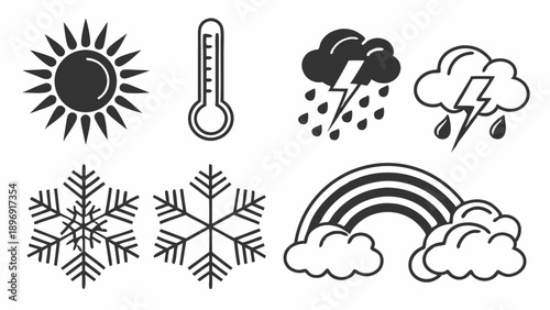 Weather Icons Set Sun Thermometer Rain Storm Snowflake Rainbow for Meteorology Forecast App Design Season Change