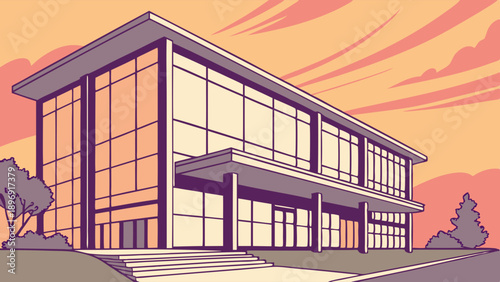 Modernist Glass Building Exterior at Sunset for Architectural Presentation Website Design or Corporate Headquarters Visuals