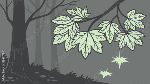 Glowing Magic Leaves Falling in Dark Forest Night Scene for Fantasy Web Design or Seasonal Autumn Advertising
