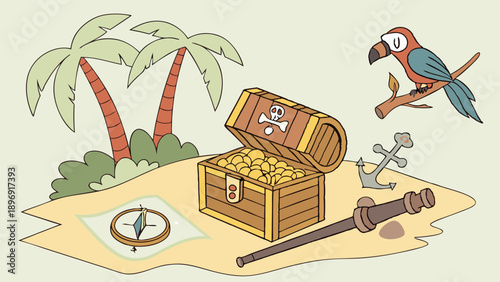 Pirate Treasure Chest Gold Coins Map Spyglass Tropical Island Vacation Adventure Game Asset