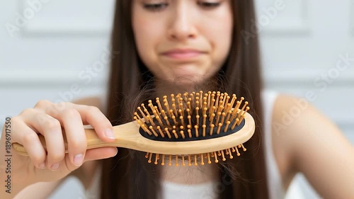 Woman holding a hairbrush with tangled hair on it looking concerned about hair loss or damage