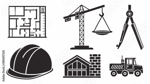 Construction and Architecture Icons Set Blueprint Hard Hat Crane House Truck for Real Estate Development and Building Industry Design Projects
