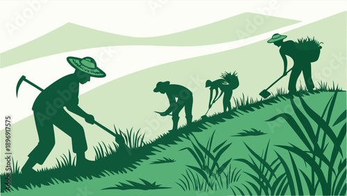 Rural Farmers Working Hard on Steep Green Terraced Hillside Planting Crops for Sustainable Agriculture and Food Production