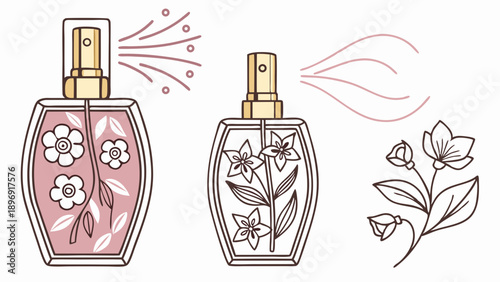 Elegant Perfume Bottles Spraying Floral Essence for Beauty Product Advertising and Luxury Branding Design