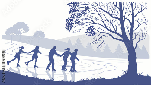 Family Ice Skating Outdoors on Frozen Pond During Winter Season for Holiday Advertisements and Seasonal Web Design Projects