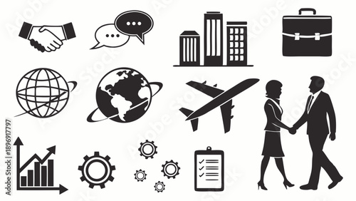 Global Business Icons Set Professional Handshake Agreement Travel Finance Growth for Corporate Website Design Presentation