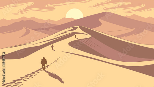 Desert Pilgrimage Silhouette of Travelers Climbing Vast Sand Dune Under Setting Sun for Journey or Endurance Web Design