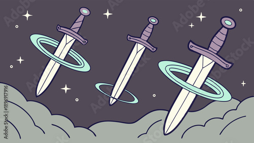 Three Mystical Swords Floating in Dark Night Sky with Stars and Clouds for Fantasy Game Design or Spiritual Tarot Reading
