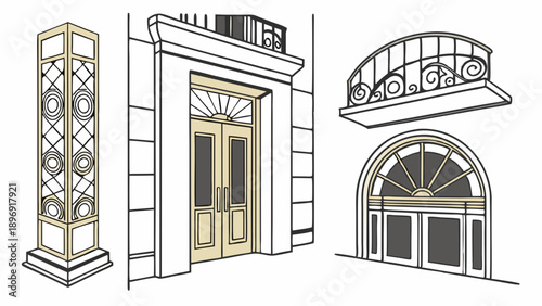 Architectural Elements Line Drawing Set Classic Doorway Balcony Wrought Iron Facade Design For Real Estate Brochures
