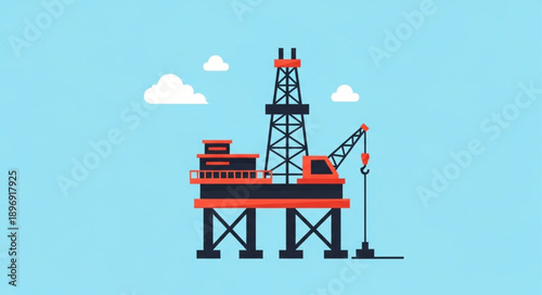Offshore oil rig drilling platform illustration in flat design style.