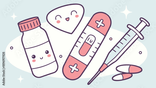 Cute Kawaii Medical Supplies Illustration for Pediatric Health Care Pharmacy Web Design or Childrens Clinic Flyers