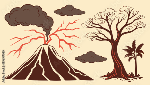 Volcanic Eruption and Lush Tropical Trees Contrast for Geology Science or Environmental Impact Design Projects