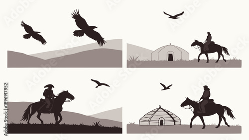 Nomadic Horseback Riders and Eagles Over Steppe Landscape for Travel Adventure Web Design Illustration