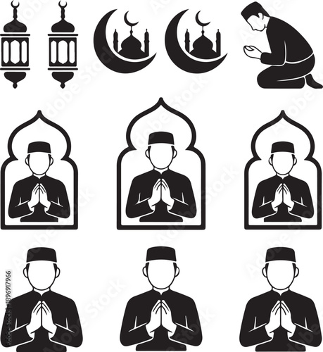 Islamic prayer and Ramadan silhouette icon set featuring worshippers, lanterns, mosque, crescent moon, and traditional religious symbols isolated on white