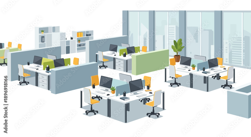 Obraz premium Modern open plan office with cubicles and desks.