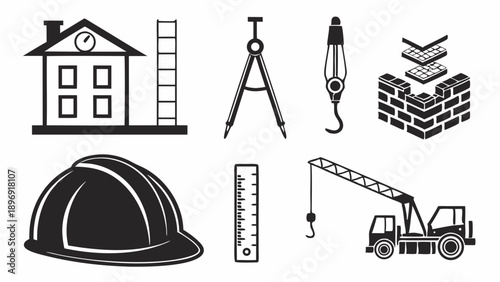 Construction and Architecture Icons Set Building Safety Tools Crane Hard Hat Blueprint Design for Real Estate Development Projects
