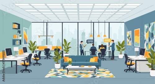 Modern open plan office interior with people working.