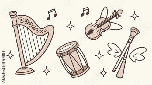 Enchanting Musical Instruments Harp Violin Flute Drum for Magical Fantasy Music Design Projects