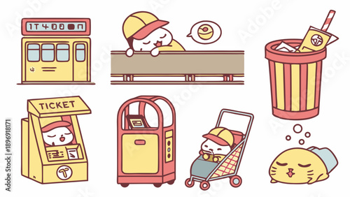 Cute Sleeping Chick Character Riding Subway Buying Tickets Using Ticket Machine Resting in Stroller for Travel Web Design UI Elements