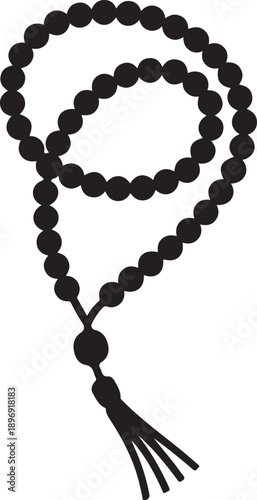 Islamic prayer beads tasbih silhouette vector illustration with ornate decorative details, Muslim rosary for Ramadan, Eid, spiritual worship, and religious