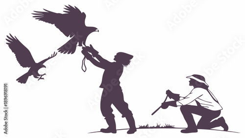 Falconry Training Outdoor Activity Silhouette People Handling Birds of Prey for Hunting Sports or Wildlife Education