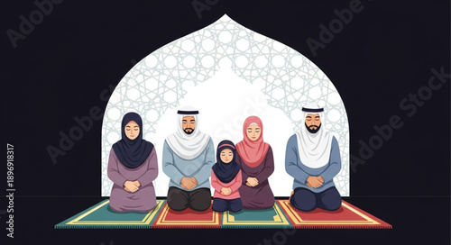 Muslim Family Praying Together Inside Mosque Dome.