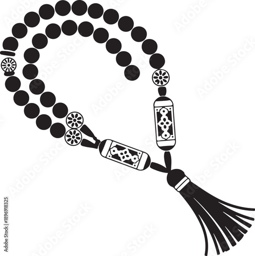 Islamic prayer beads tasbih silhouette vector illustration with ornate decorative details, Muslim rosary for Ramadan, Eid, spiritual worship, and religious