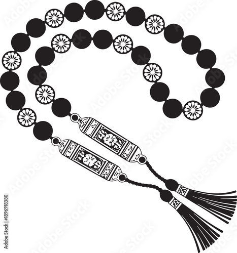 Islamic prayer beads tasbih silhouette vector illustration with ornate decorative details, Muslim rosary for Ramadan, Eid, spiritual worship, and religious