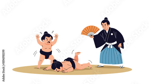 Japanese sumo scene with a referee, or gyoji, declaring a winner as one child wrestler celebrates over his defeated opponent.