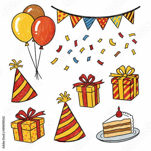 Happy birthday celebration with colorful balloons, gift boxes, party hats, cake, and confetti illustrations