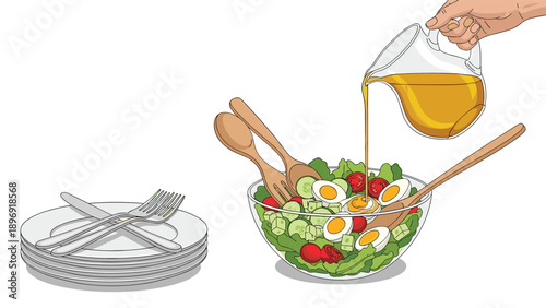 Hand pouring dressing from a glass pitcher into a large bowl of fresh salad with eggs, tomatoes, and cucumbers for serving.