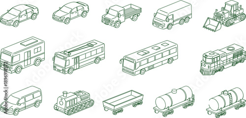 Green line illustration set of vehicles including cars, trucks, buses, trains, trailers and construction machinery, isolated transport icons for logistics and industrial design