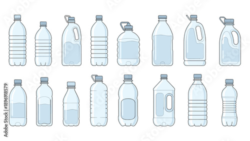 Large collection of various types and sizes of empty, clear plastic bottles for water, juice, and other beverages in line art.