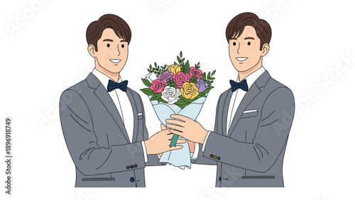 Illustration of a happy gay male couple in matching tuxedos exchanging a beautiful bouquet of flowers during their wedding or a date.