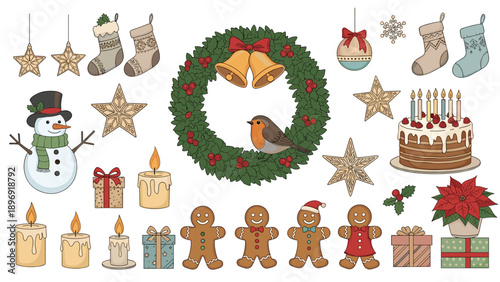 Large collection of vintage hand-drawn Christmas and winter holiday illustrations, including a wreath, snowman, and gingerbread men.